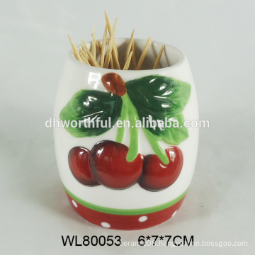 Hand painting ceramic toothpick holder with cherry design